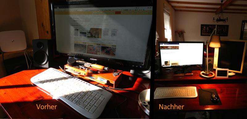 Schreibtisch Board selber bauen Vorher und Nachher - nicht nur die lästigen Kabel der Monitore, Boxen und Schreibtischlampe sind weg, sondern es wirkt auch deutlich aufgeräumter. Eine klare Linie sorgt auch für besseres arbeiten am Schreibtisch. Schreibtisch Board selber bauen Vorher und Nachher - nicht nur die lästigen Kabel der Monitore, Boxen und Schreibtischlampe sind weg, sondern es wirkt auch deutlich aufgeräumter. Eine klare Linie sorgt auch für besseres arbeiten am Schreibtisch.