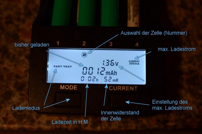 Ladegerät Einstellungen / Bedienungsanleitung Die Daten im Display sind immer je für den eingestellten Ladeschacht. Hier der 2. Akku und die Ladeeinstellungen. Fast Test: der Akku wird entladen und anschließend komplett aufgeladen. Das Gerät misst, wie viel mAh der Akku aufnimmt (Akku Kapazitätstest). Ladegerät Einstellungen / Bedienungsanleitung Die Daten im Display sind immer je für den eingestellten Ladeschacht. Hier der 2. Akku und die Ladeeinstellungen. Fast Test: der Akku wird entladen und anschließend komplett aufgeladen. Das Gerät misst, wie viel mAh der Akku aufnimmt (Akku Kapazitätstest).