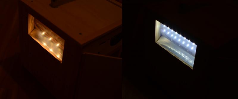 Powerstation: LED Beleuchtung Ein Wechselschalter kann zwischen den beiden LEDs umschalten. Im linken Bild: 3 gelbe 12V LEDs, im rechten Bild ist das Flutlich mit weißen LEDs an. Dies sind die einfachen selbstklebenden 12V Streifen-LEDs. Warum das spiegelt? Zur Erhöhung der Lichtausbeute wurde Alufolie mit Strühkleber aufgeklebt. Powerstation: LED Beleuchtung Ein Wechselschalter kann zwischen den beiden LEDs umschalten. Im linken Bild: 3 gelbe 12V LEDs, im rechten Bild ist das Flutlich mit weißen LEDs an. Dies sind die einfachen selbstklebenden 12V Streifen-LEDs. Warum das spiegelt? Zur Erhöhung der Lichtausbeute wurde Alufolie mit Strühkleber aufgeklebt.