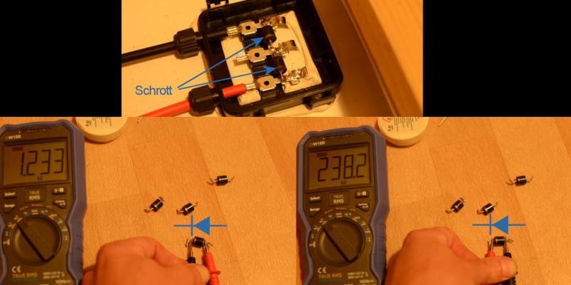 Bypass-Diode Schrott: Durchlass in beide Richtungen Eine von 4 Bypassdioden meiner Solarmodule waren kaputt. Die Diodenprüfung mit dem Multimeter. Alternativ geht auch die Ohmmessung. In eine Richtung darf die Diode 0 Ohm haben. Kann nur im ausgebauten und spannungsfreien Zustand überprüft werden! Bypass-Diode Schrott: Durchlass in beide Richtungen Eine von 4 Bypassdioden meiner Solarmodule waren kaputt. Die Diodenprüfung mit dem Multimeter. Alternativ geht auch die Ohmmessung. In eine Richtung darf die Diode 0 Ohm haben. Kann nur im ausgebauten und spannungsfreien Zustand überprüft werden!