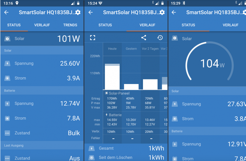 Victron Laderegler: Live Daten der Photovoltaik-Anlage Die App zeigt Live alle Daten der Photovoltaikanlage. Victron Laderegler: Live Daten der Photovoltaik-Anlage Die App zeigt Live alle Daten der Photovoltaikanlage.